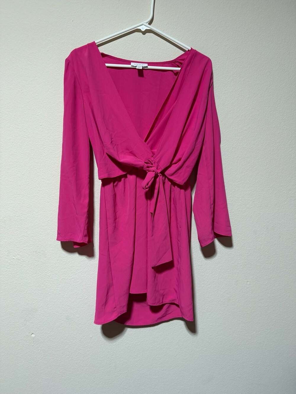 Topshop Tiffany Knot Front Long Sleeve Mini Dress in Fuchsia